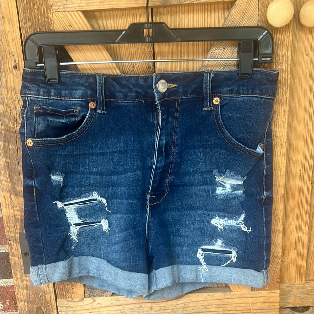 Wax Jeans Blue Distressed Jean Shorts with Cuffed Hem - Picture 2 of 9